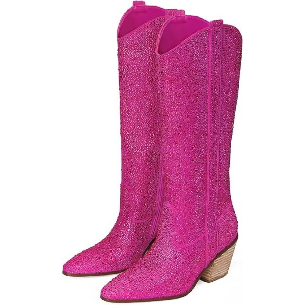 NWT Sparkling Bling Swarovski Crystal PINK Women Knee High Cowboy Boots … - Picture 7 of 11